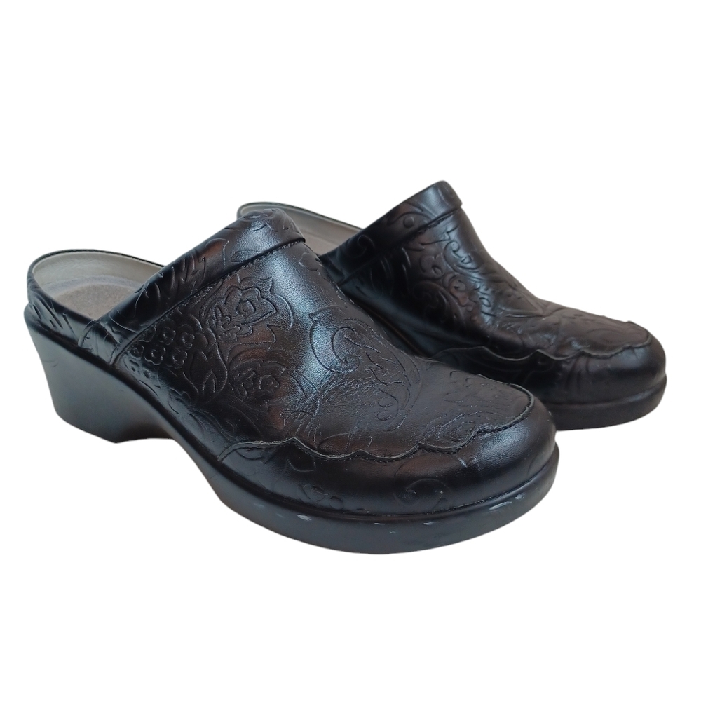 Alegria Clogs Mules Black Tooled‎ Leather Slip On Comfort Western Womens 8 or 39